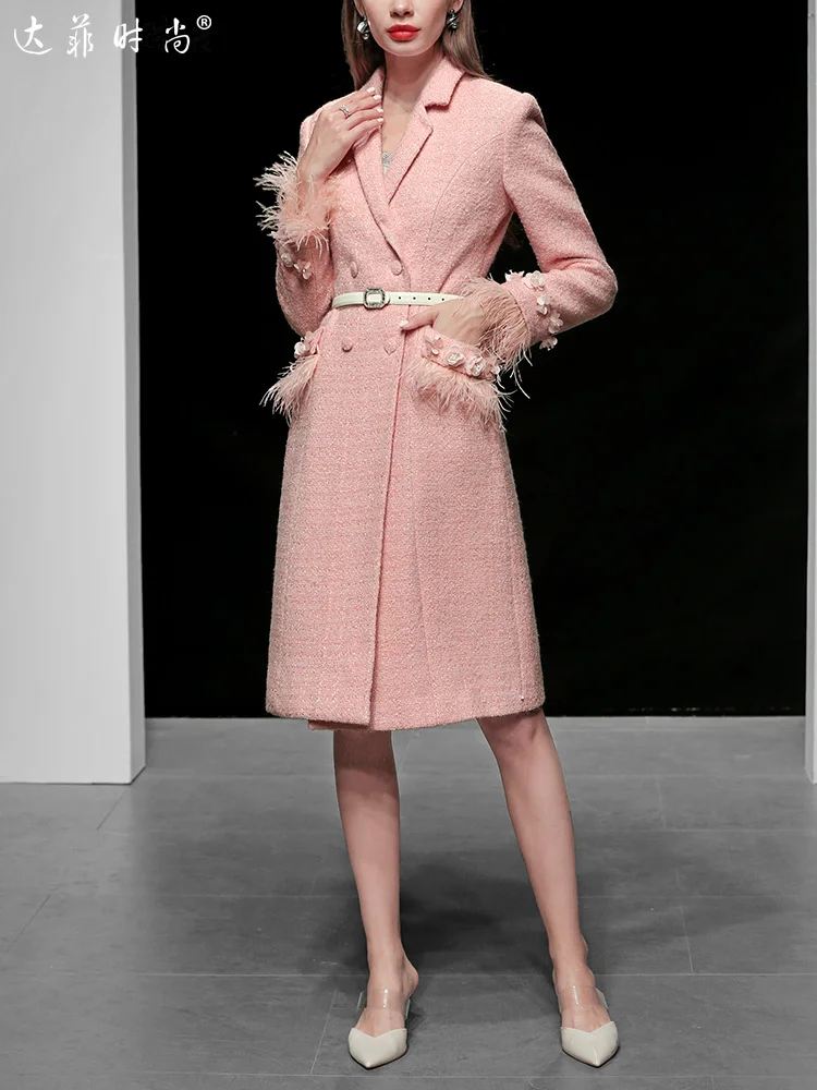 Elegant Feathers Double-breasted Winter Coat Women Runway Designer Thick Warm Pink Wool Coat Jacket High Quality Outwear