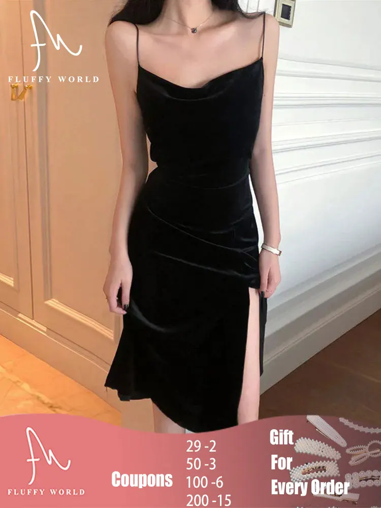 

Бархатное элегантное сексуальное черное платье миди без рукавов с разрезом, женские вечерние платья на тонких бретелях, женские модные вин...