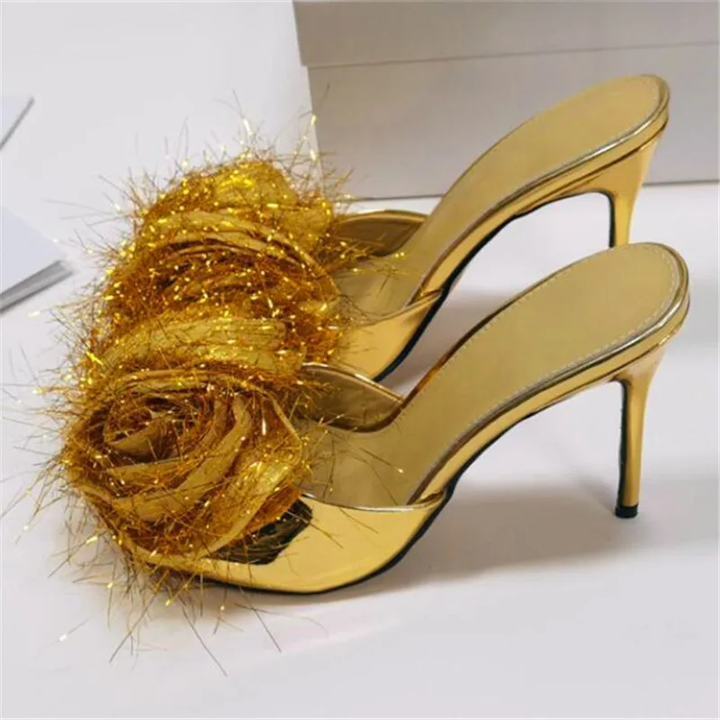 

Ollymurs Summer ladies high-heeled slippers rose hair stiletto heels fashion party large size high-heeled slippers