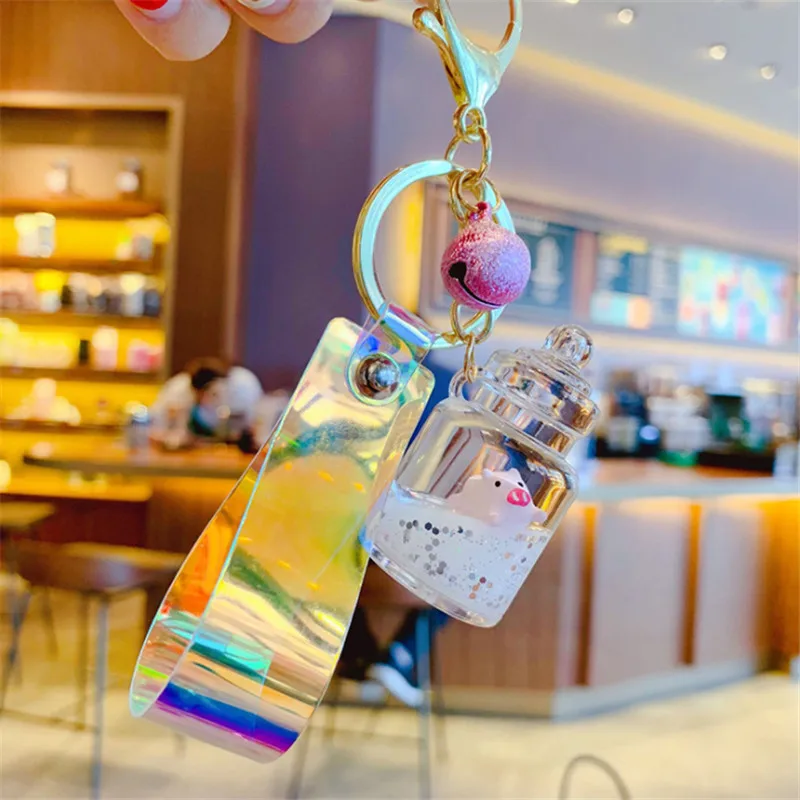 

Cute Bottle Keychains Bag Keyring Car Key Chains Trinket Lovely Hanging Accessories Floating Milk Pig Liquid Pendant Kids Gift