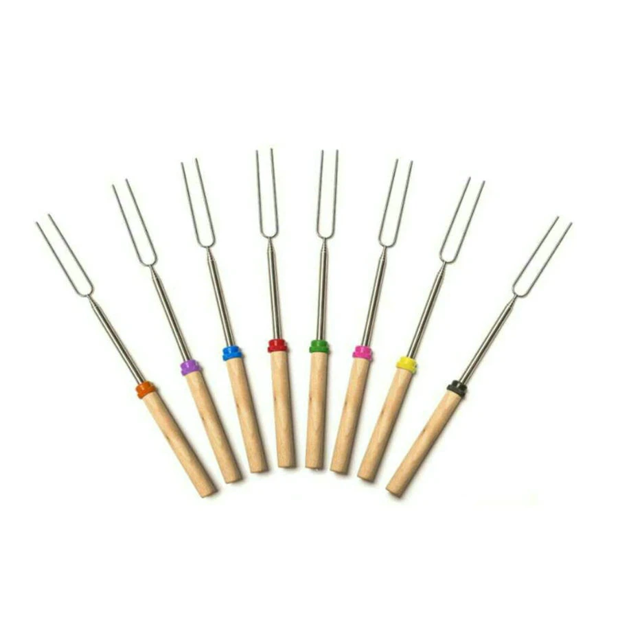 

Portable Barbecue Stick With Wooden Handle Telescopic Barbecue Fork BBQ Tool