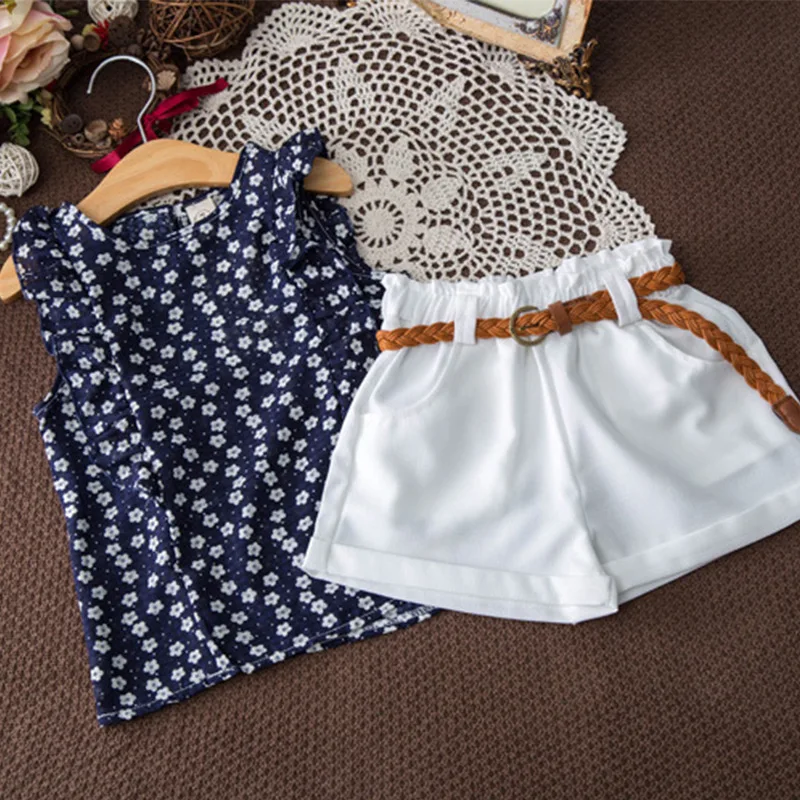 

Summer Girls Clothing Set Flower Sleeveless Blouses Shorts+shirt O-neck Shirts Fashion Children Kids Clothes Suit Girl Outfits