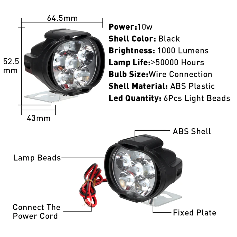 2 шт. светильник на голову для мотоциклов 2000LM 6500K белый супер яркий 6 светодиодный