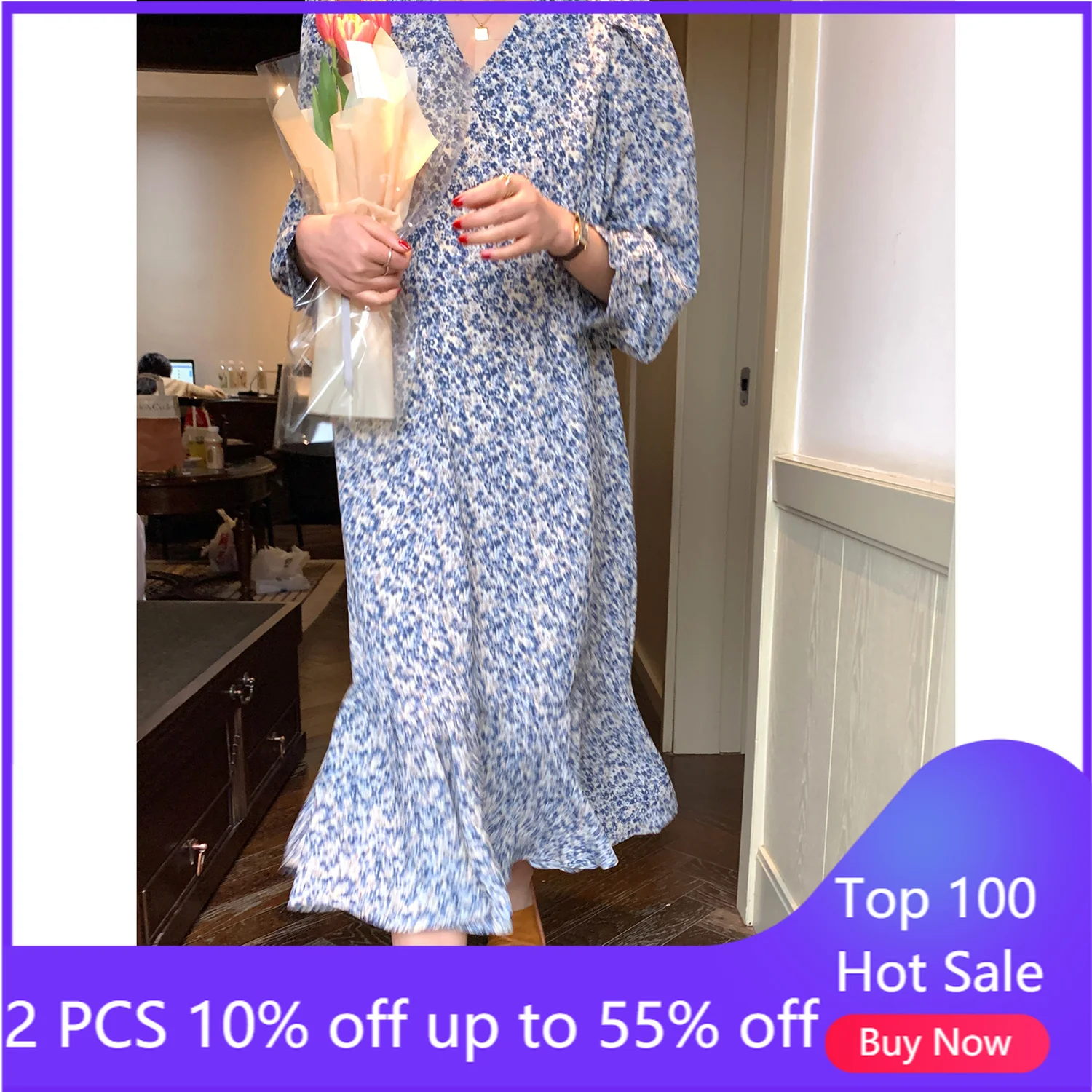 

Женское шифоновое платье с V-образным вырезом, синее свободное элегантное винтажное платье во французском стиле, осень 2021