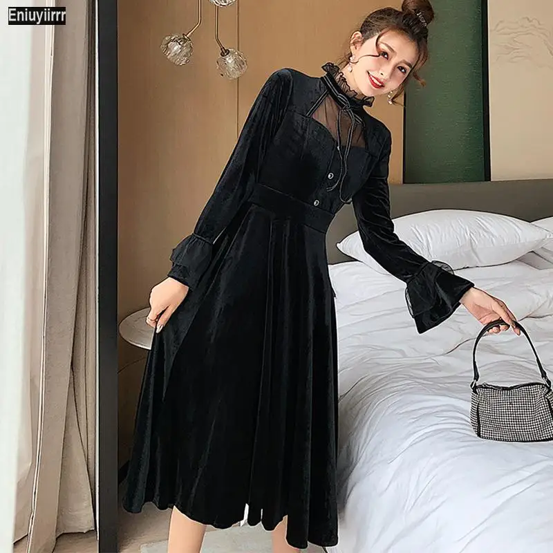 Женское бархатное платье длинное элегантное лоскутное Сетчатое черного и