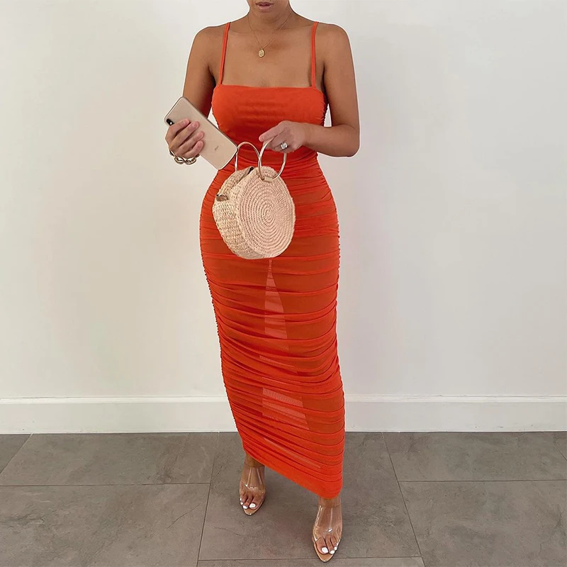 

Sexy Sheer Mesh See Through Ruched Camisole Maxi Dress Stacked Sleeveless Skinny Dress Streetwear Spaghetti Strap Female Dresses