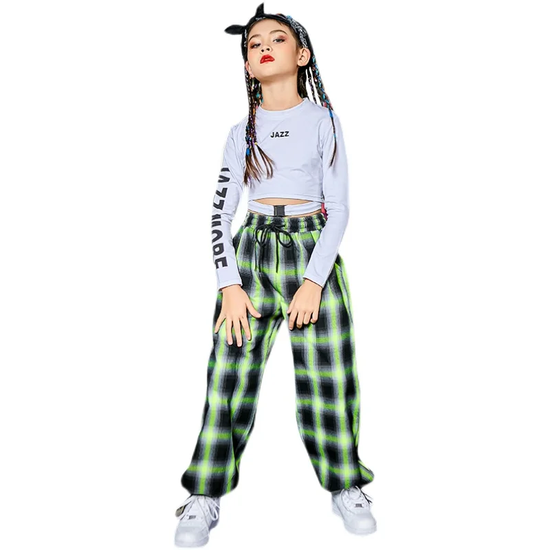 

2021 Kids Street Dance Clothing Hip Hop Girls Tops Lattice Pants Loose Jazz Practice Wear Modern Ballroom Dancing Costume