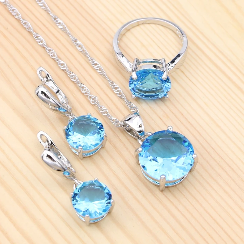 

925 Sterling Silver Jewelry Sets Sky Blue Cubic Zirconia Pendant Necklace Ring Earrings For Women Bridal Accessories