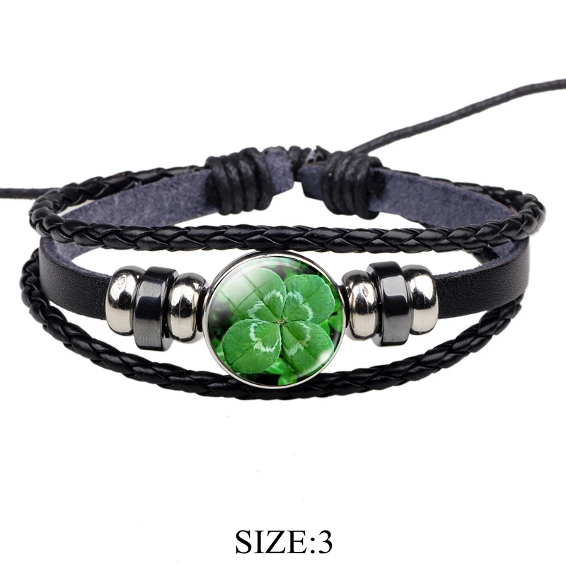 Браслет из черной кожи с изображением клевера на удачу|braided bracelet|leather braceletblack leather