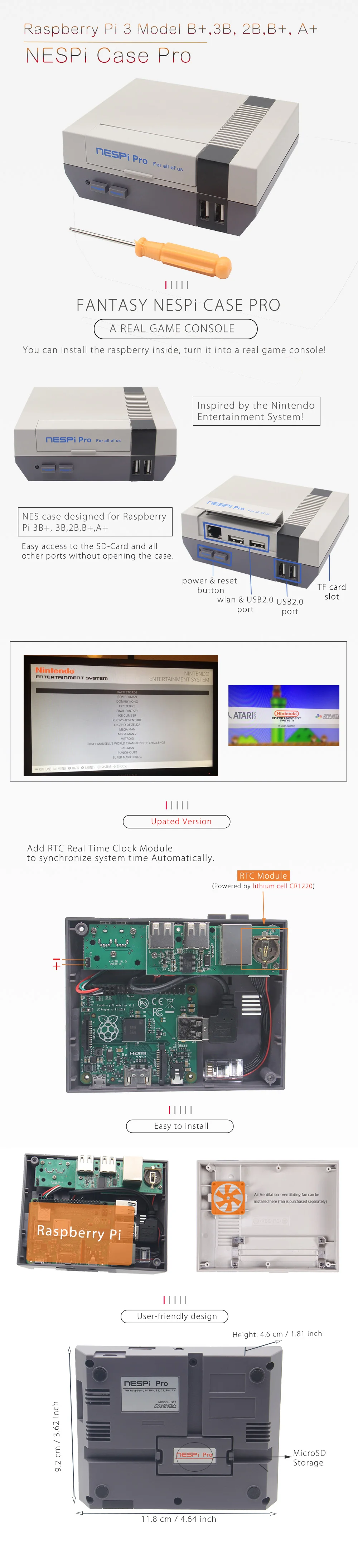 Чехол NESPi Pro с RTC Raspberry Pi 3 B+(Plus) NES FS Стильный чехол с вентилятором и радиаторами Raspberry Pi 3 Model B+, 3B