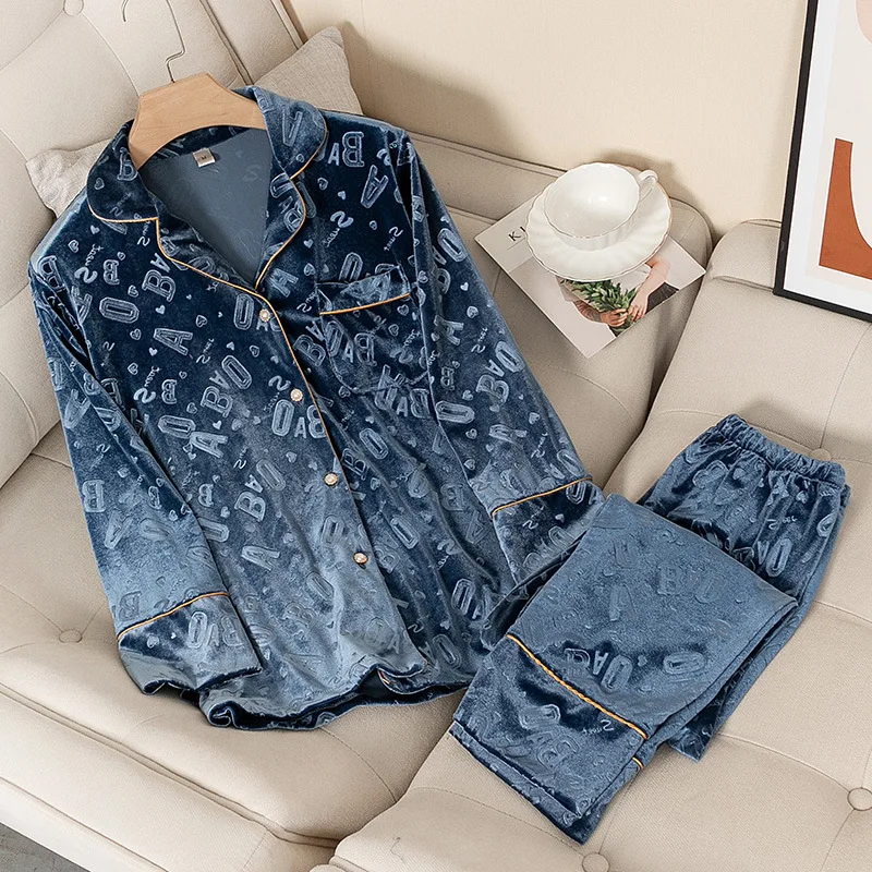 

Autumn Winter New Pajamas Set Women Velour 2PCS Sleepwear Long Sleeve Shirt&Pants Femme Nightwear Velvet Pijamas Suit