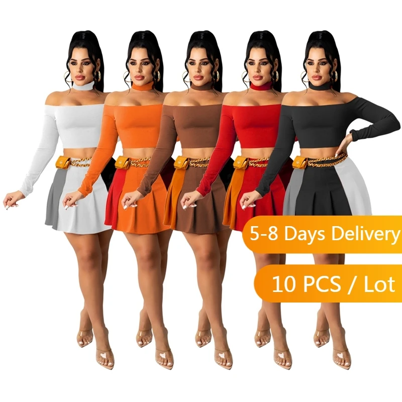 

Крупные партии товаров, оптовая продажа, осенний комплект из двух предметов, женский короткий топ с открытыми плечами и плиссированная мини-юбка, цветной контрастный повседневный наряд
