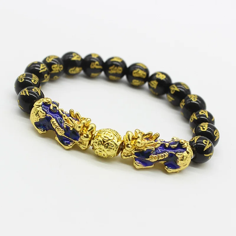 Натуральный камень черный обсидиан Pixiu браслет с тигровым глазом двойной Лаки
