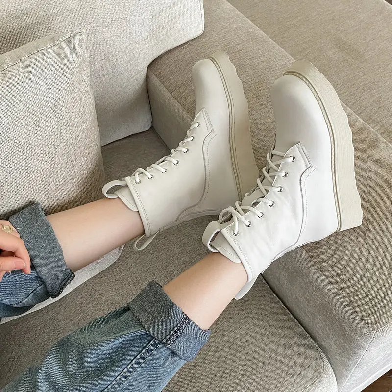 

Elegant Platform Cross Tied Women's Ankle Boots Genuine Leather low Heels Pumps Winter Retro Party Casual Shoe Woman