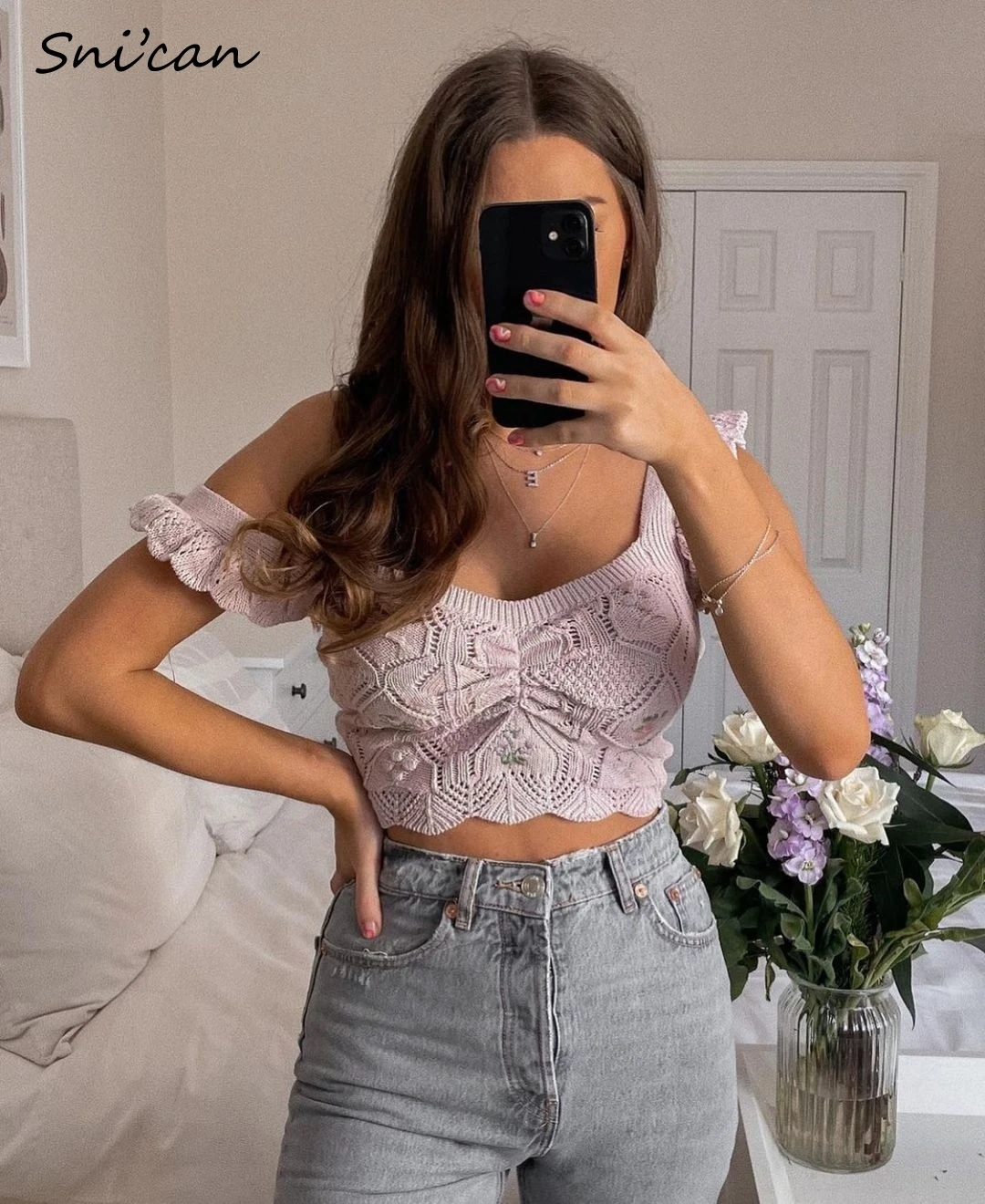 

Snican Spring Floral Embroidery Sweater Vest Fashion V Neck Sleeveless Short Pullover Femme Chic Tank Crop Tops Za 2021 Women