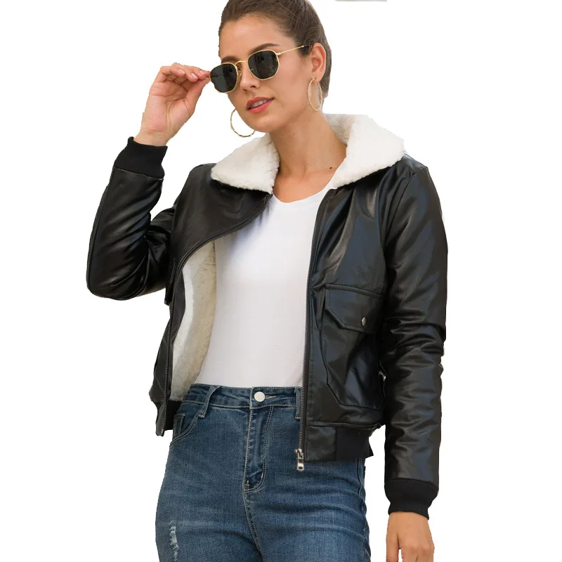 

Women's PU Leather Jacket Velvet Autumn and Winter Fur Coat Ladies Fashion Faux Leather British Style Casual Coat