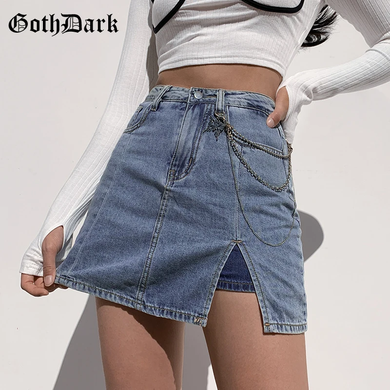

Goth Dark A-Line Gothic Grunge Punk Denim Skirts EGirl Women High Waist Bodycon Slit Hem Mini Skirt Sexy Fashion Streetwear 2021