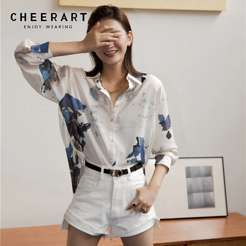 

Женская шифоновая блузка CHEERART, белая прозрачная Повседневная рубашка с длинным рукавом в горах и реках, 2020