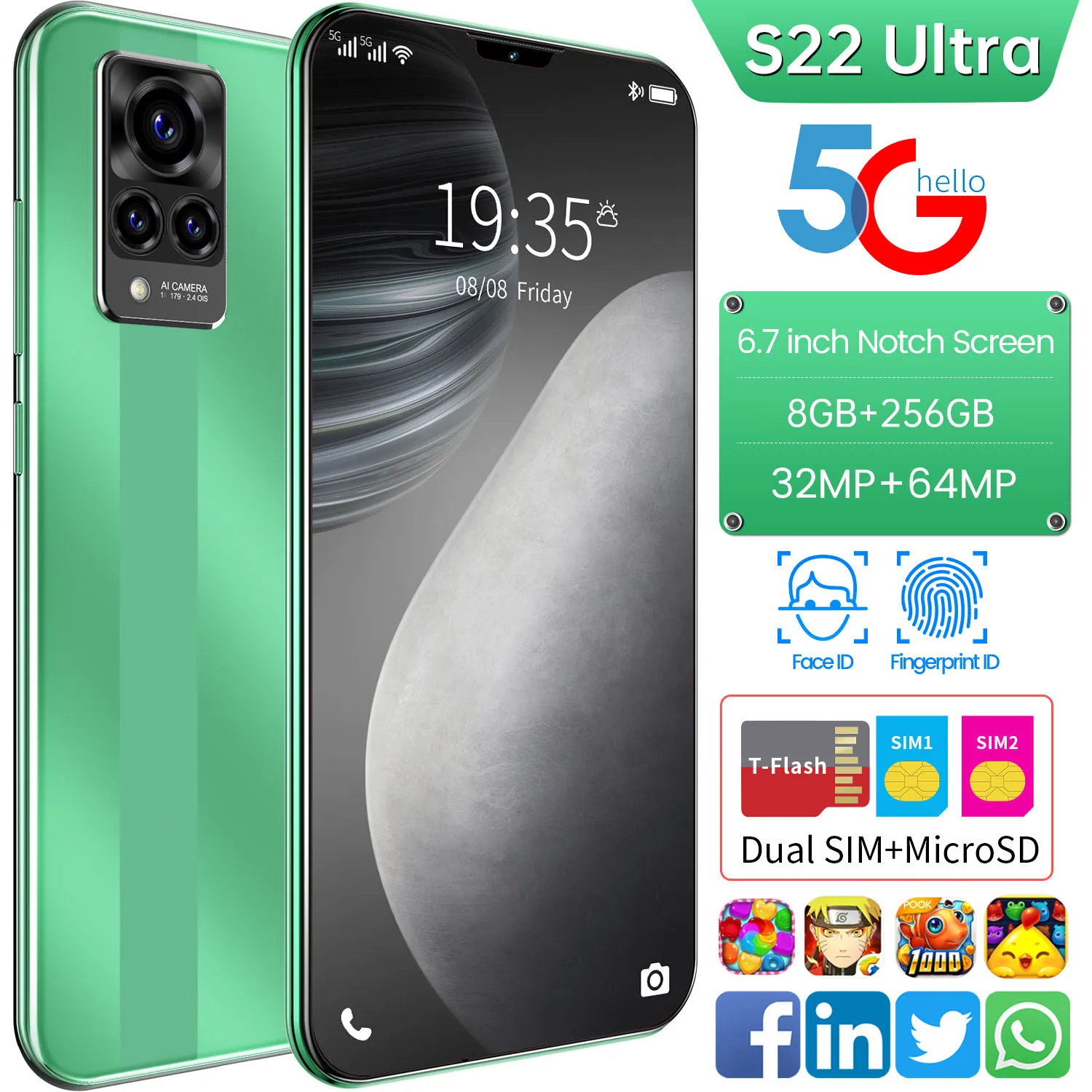 

New Arrival S22 Ultra Smartphone 6.7 Inch 8 256GB Android 11 5G LTE 4G 32+64MP Camera Face Fingerprint Unlock Dual SIM Cellphone