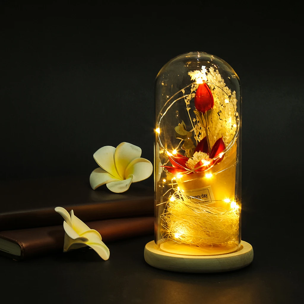 

Romantic Dry Flower in Glass Dome Lampshade Table Lamp for Home Decor Gift