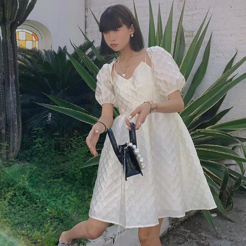 

GALCAUR Black Casual Dress For Women V Neck Puff Short Sleeve High Waist Mini Patchwork Ruched Dresses Female Fashion 2021 Style