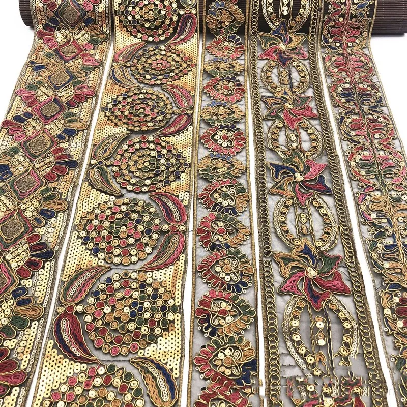 

1yard Retro Gold Sequins Lace Trims Webbing Embroideried Lace Ribbons Fabric for Dance Dress Bag DIY Sewing Accessories