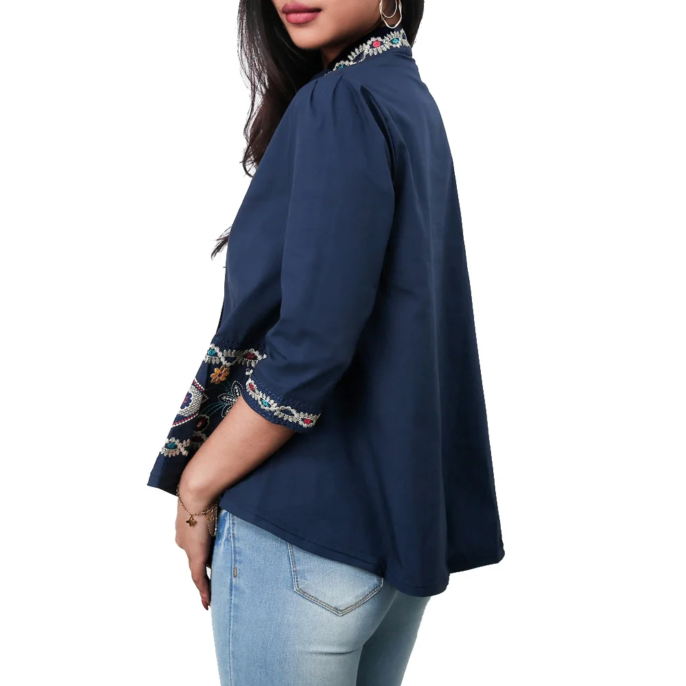 

Floral Embroidery Blouses Shirt Women Spring Summer Fashion 3/4 Sleeve Casual Blouses Ladies White Navy Stand Collor Doll Tops