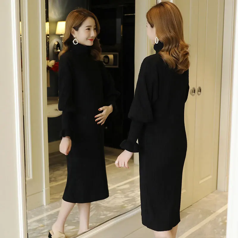 Осенне-Весенние длинные вязаные платья для беременных приталенная повседневная