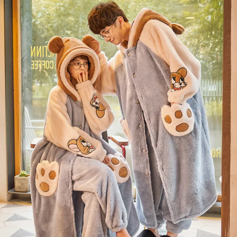 Winter Coral Fleece Couple Pajamas Set Cute Bathrobe Flannel Thick Nightgown Suit For Men Women Hooded Robe Set Plus Size