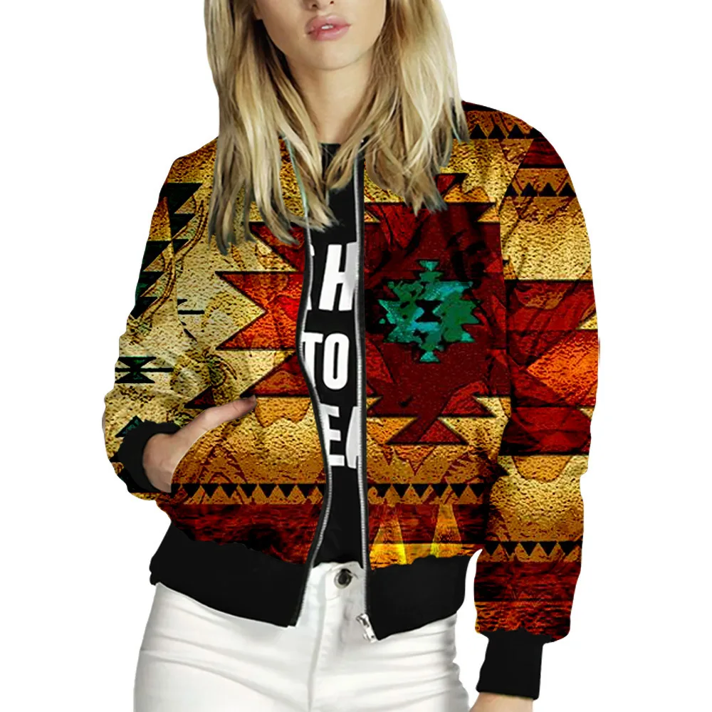 

Women Jackets Retro Classic Printed Ladies Zipper Up Bomber Outwear Autumn Long Sleeve Short Thin Slim Casual Pocket Biker Coats