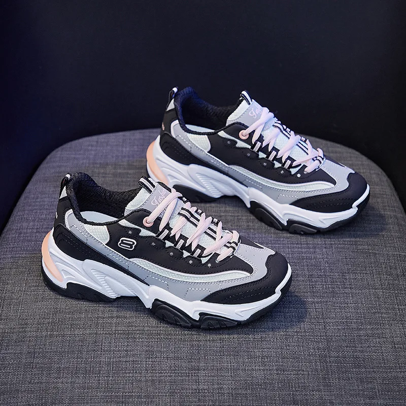 

2021 Spring New Women Chunky Sneakers Girl Fashion Leather Mesh Casual Sport Shoes All Match Fitness Trainers 4 Colors