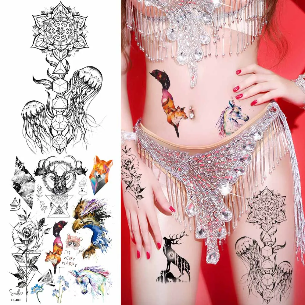 

Black Jellyfish Chains Temporary Tattoo Stickers Women Flower Geometric Body Art Tatoos Galaxy Fox Eagle Deer Fake Tattoo Moose