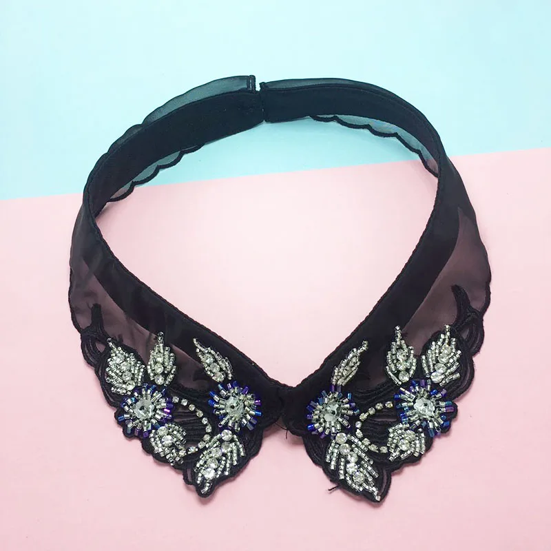 Женская рубашка с имитацией воротника черная винтажная из органзы вышивкой и