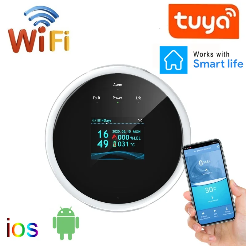 Умный датчик утечки газа Tuya Wi Fi с функцией температуры и ЖК дисплеем работает