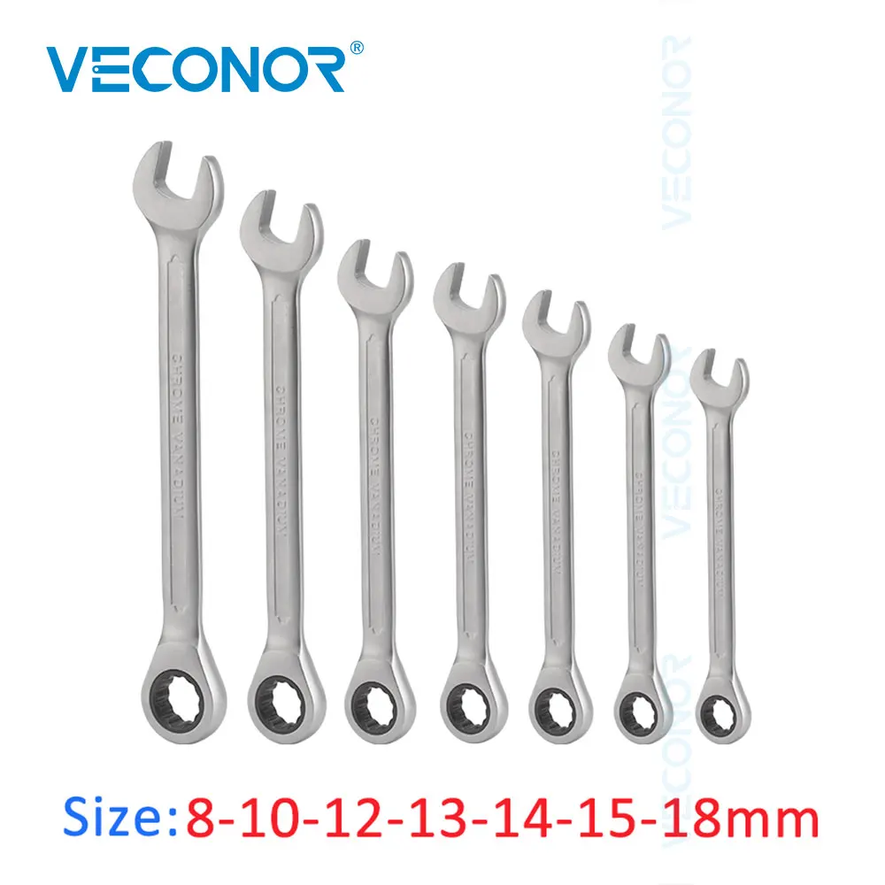 

7Pcs Ratchet Wrench Set 8-18mm size Combination Ratcheting Spanner Tools Dull Polish 72T Fixed Head and Open-end for Repairing