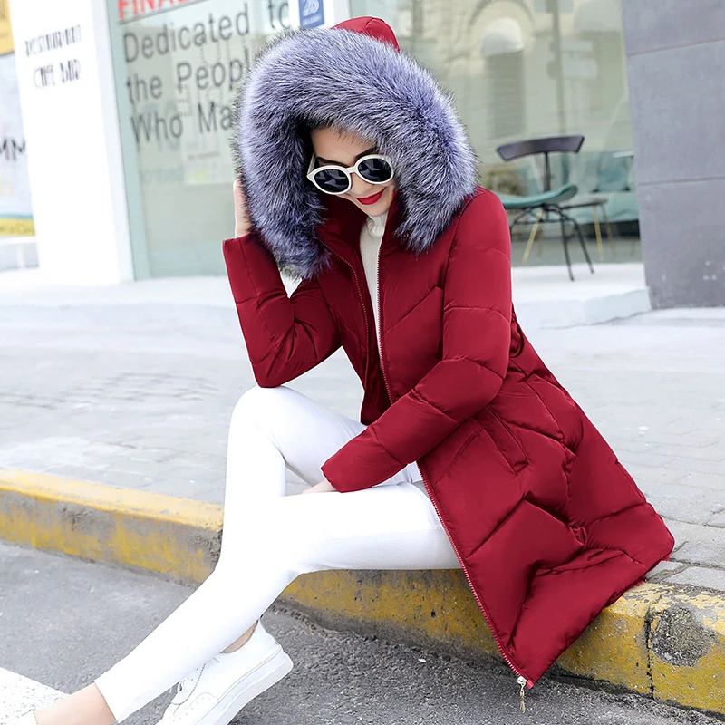 wine red 3 Новинка, женские парки с меховым воротником, зимнее пальто для женщин, толстая хлопковая зимняя куртка, женская модная верхняя одежда, парки для женщин, тонкое пальто - Цвет: wine red 3