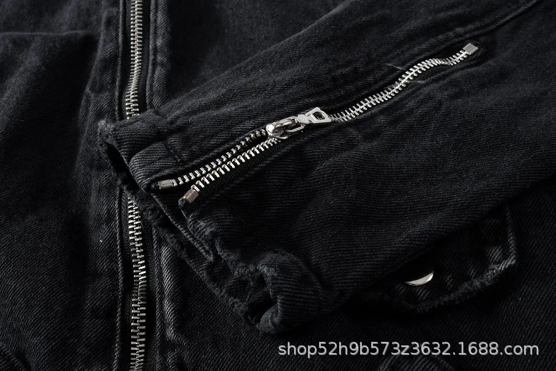 

Autumn and winter new high street fashion brand AMIRI thick punk diagonal zipper personality slim black denim jacket jacket
