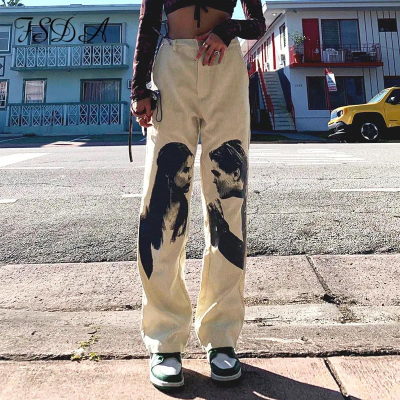 

FSDA Autumn Winter Wide Leg Vintage Pants Women Print 2021 Fashion High Waist Corduroy Loose Trouser Long Oversizes
