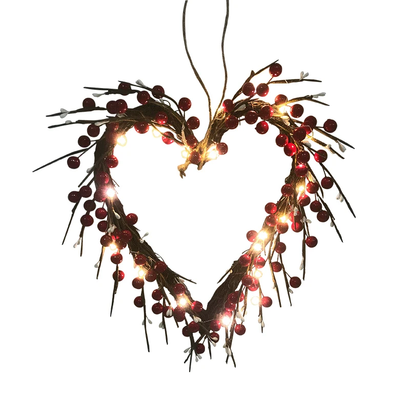 

Valentine's Day Wreath Front Door Decorations Red Berries Heart Shaped Wreaths with 20 LED Battery Operated _WK