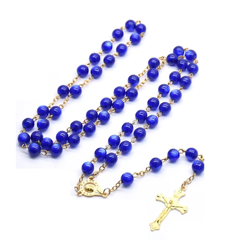 

QIGO Religious Blue Resin Beaded Rosary Necklace Gold Jesus Cross Pendant Necklace Prayer Jewelry Gifts For Men Women