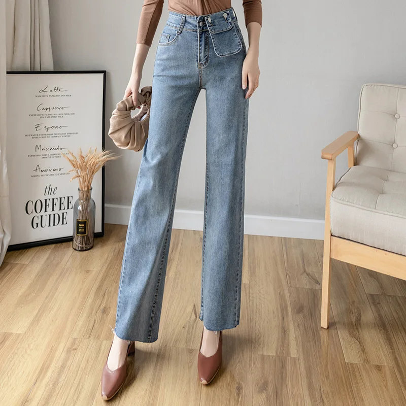 

Woman Pants 2021 New Design Straight Jeans High Waist Blue Excellent Cotton Denim Trousers for Female Apear Temperament