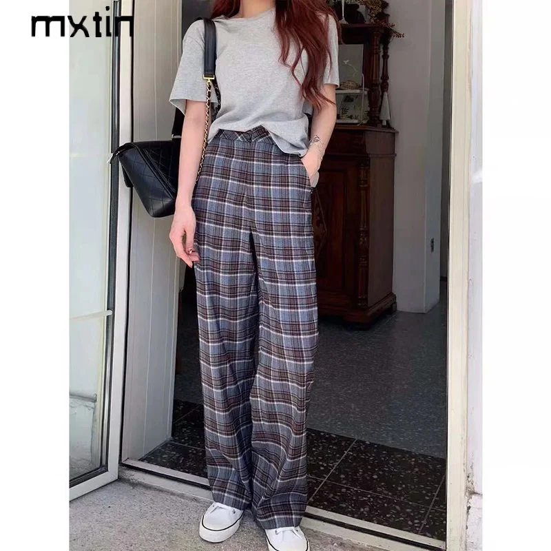 

2021 Женские винтажные стильные клетчатые прямые брюки, модные брюки в английском стиле на молнии с карманами для полета, женские ретро брюки