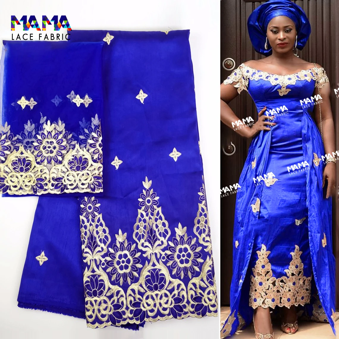 

Royal Blue 2021 High Quality African Raw Silk George Wrappers With Net Lace Embroider Nigerian Lace Fabrics for Women Dress