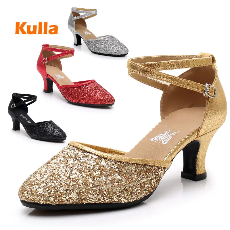 Women Latin Tango Salsa Dance Shoes Ballroom Sequins Soft Sole Ladies High Heels Woman Jazz Dance Girls Wedding Shoe Size 33-42