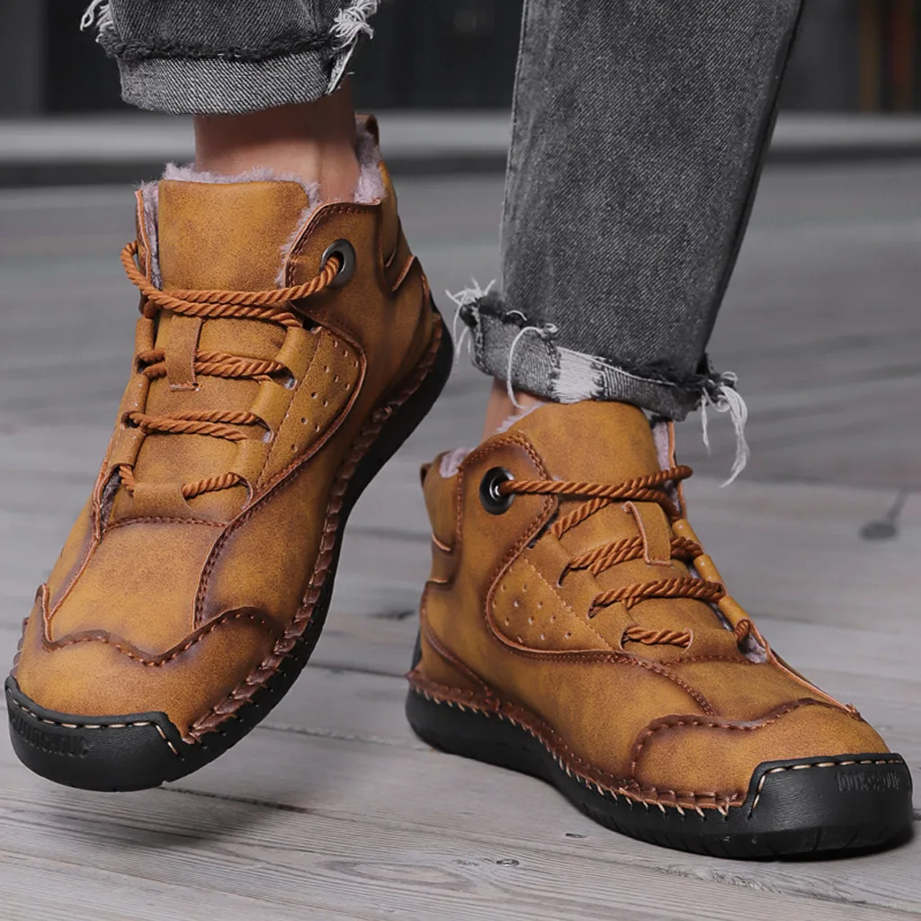 Зимняя Теплая мужская повседневная обувь в британском стиле прошитая вручную с