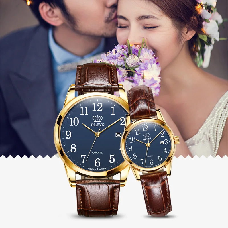 Couple Quartz Wristwatch leather watchband with calendar lover's watch waterproof men and women fashion clock