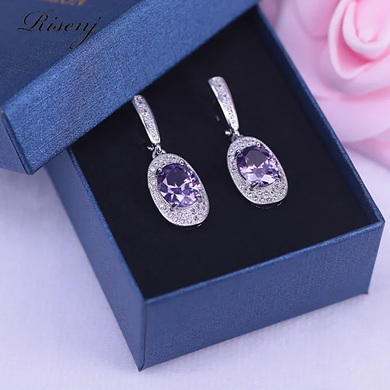 Ожерелье и серьги кольцо серебро 925 пробы Овальный Фиолетовый Циркон аметист