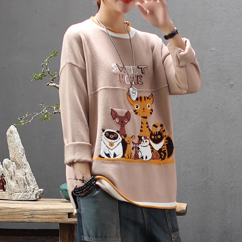 2019 осенне-зимний женский свитер тренд Стиль Повседневный с рисунком кота круглый