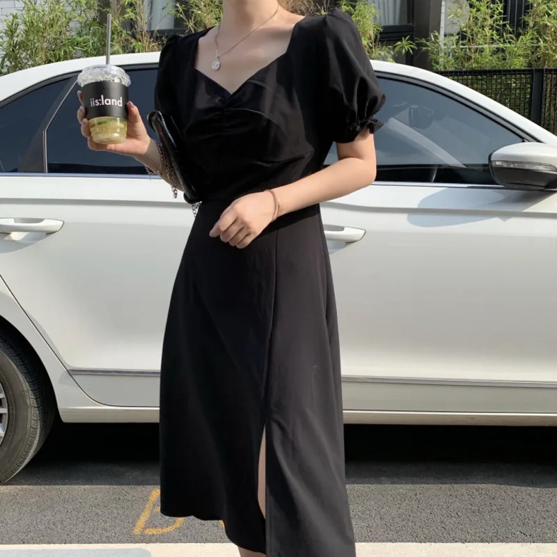 

High Quality 2021 Women Summer Vintage White V Collar Slim Waist Slit Dress Split Hem Puff Sleeve Zipper Midi Sundress Vestidoes