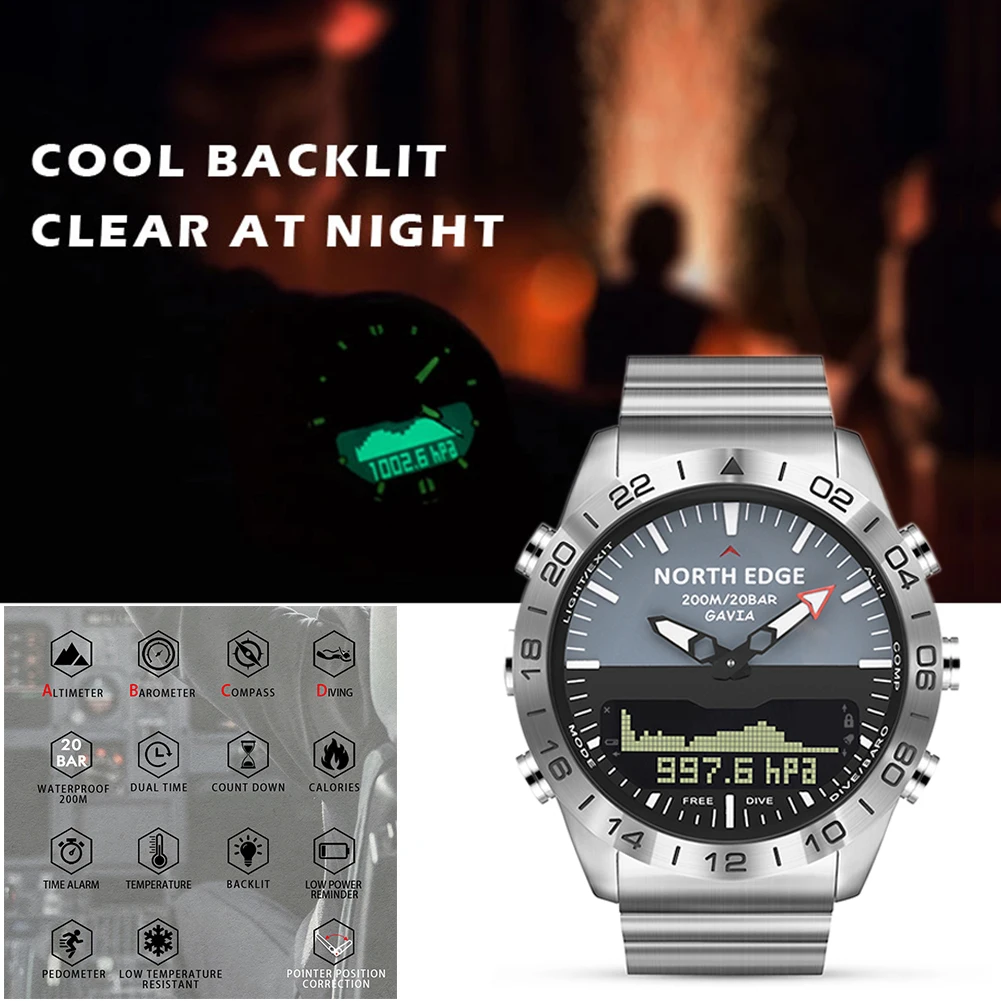 

Men Dive Sports Digital watch Mens Watches Military Army Luxury Full Steel Business Waterproof 100m Altimeter Compass NORTH EDGE